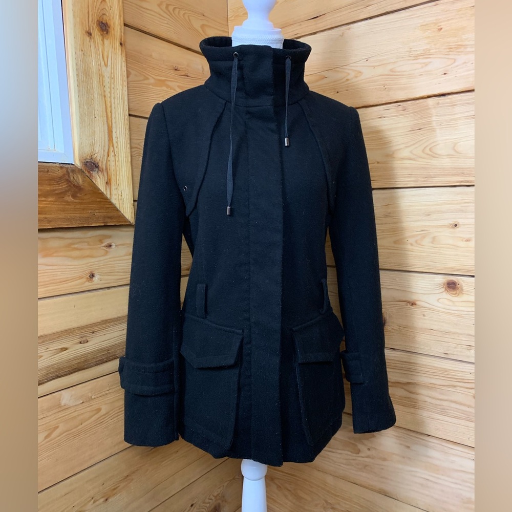 Wool Cotton Blend Black Hooded Utility Jacket Pea Coat Medium Zara